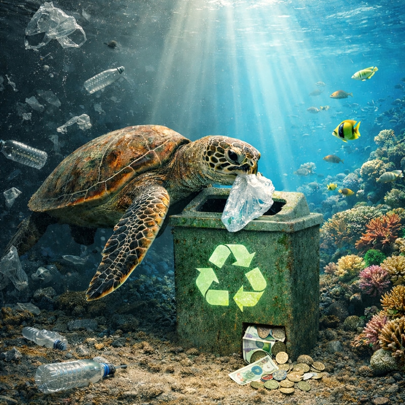 depollution-plastique-remuneree-800x800 Dépollution plastique rémunérée - tortue marine retirant un déchet plastique pour le déposer dans un dispositif de recyclage, symbole d’une action écologique utile et valorisée financièrement.